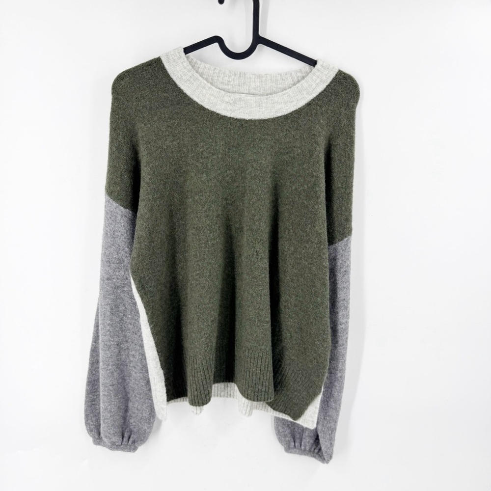 ✅ Madewell LARGE Payton Coziest Yarn Color Block Sweater green grey cream MEDIUM